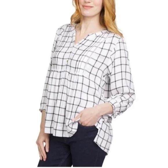 Wrangler White/Black Plaid Popover Blouse, 3/4 Sleeves, Large, NWT - Picture 3 of 15